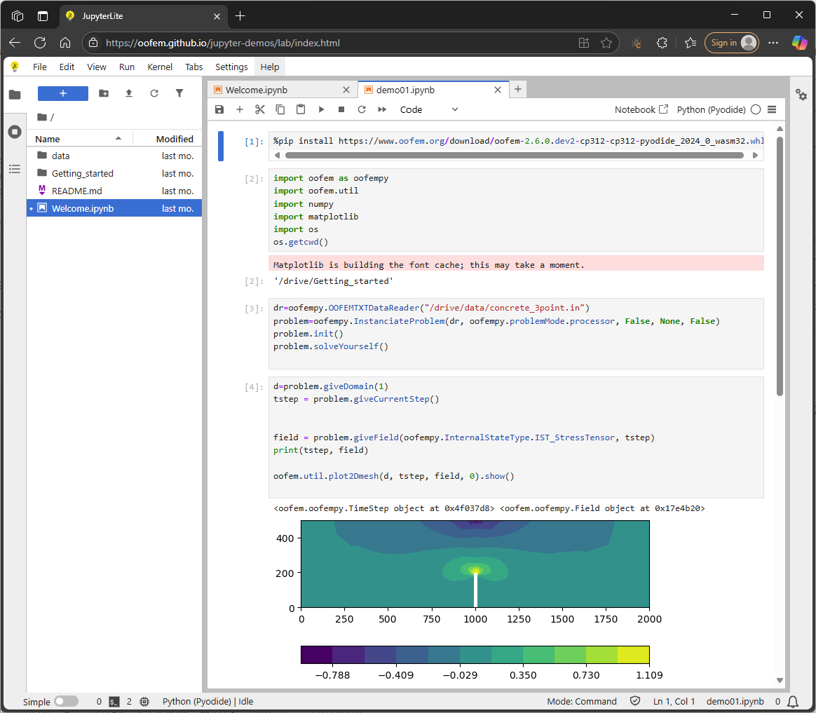Screenshot of JupyterLite with oofem